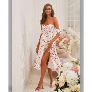 NEW Alamour the Label Paisley Midi Dress Size M Cherry White Red Off Shoulder